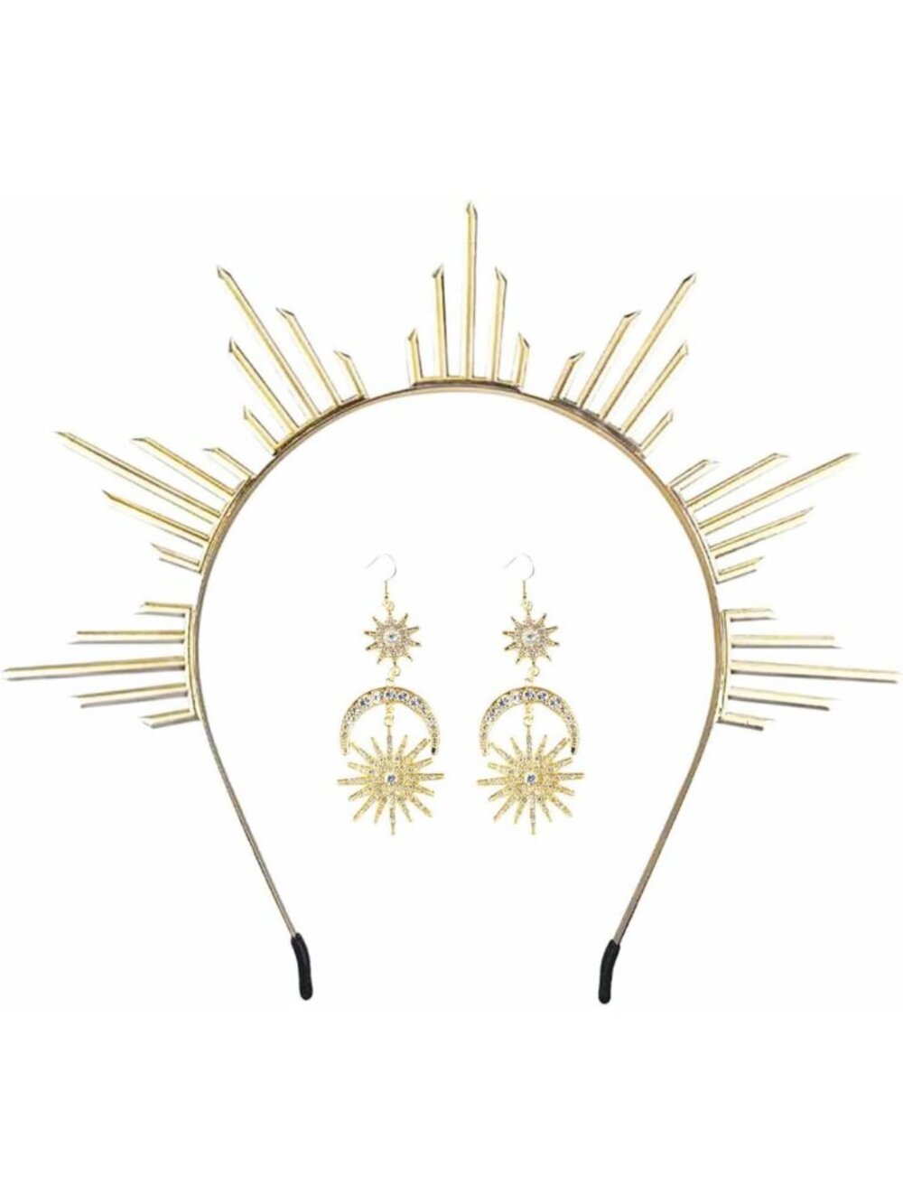 Goddess Halo Crown Gold Sun Tiara Headband with Earrings for Rave & Festival